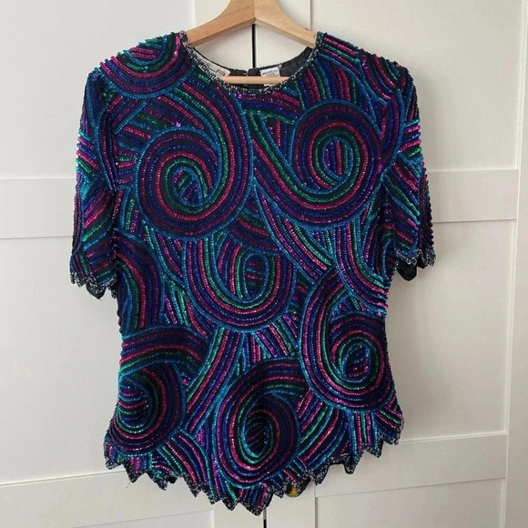 Scala Tops - 80’s Vintage Black With Colorful Sequins Silk Top Size M New Year’s Party Retro